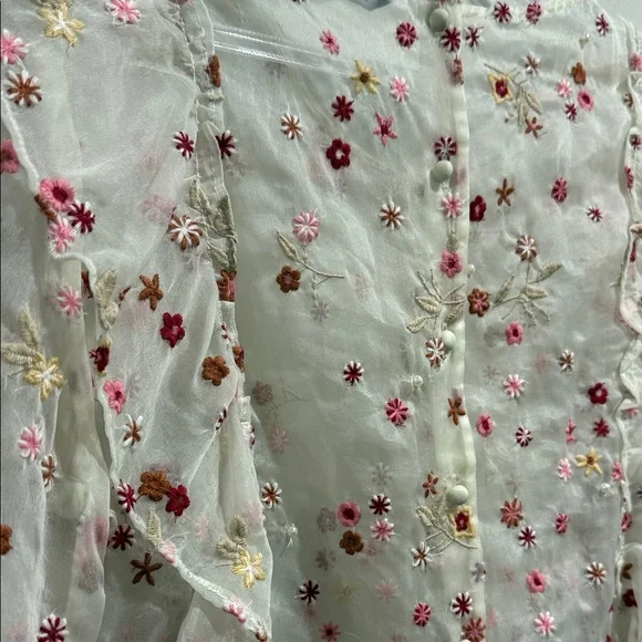 Zara Cream Sheer Blouse with Pink Floral Embroidery & Pearl Design - Picture 6 of 6